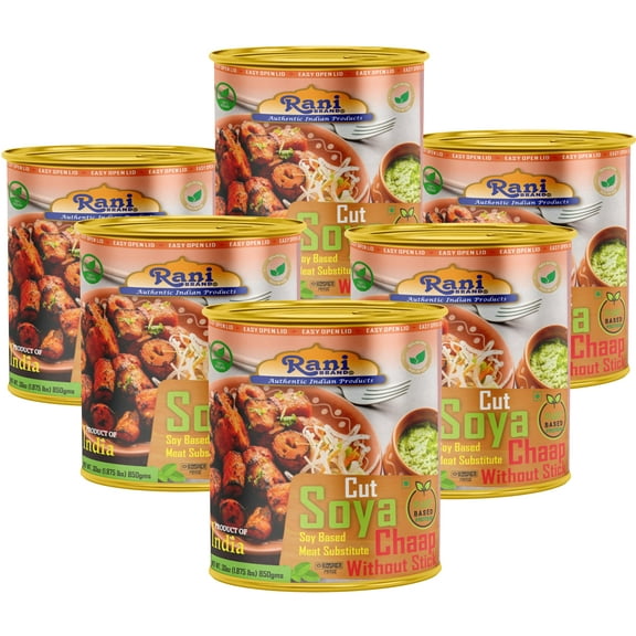 Rani Cut Soya Chaap Whitout Stick (Plant Based Protein) 30oz (1.875lbs) 850g Pack of 6 ~ Easy Open Lid | All Natural | Vegan | No Colors | NON-GMO | Kosher | Indian Origin | Soy Based Meat Substitute