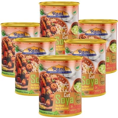 Rani Cut Soya Chaap Whitout Stick (Plant Based Protein) 30oz (1.875lbs) 850g Pack of 6 ~ Easy Open Lid | All Natural | Vegan | No Colors | NON-GMO | Kosher | Indian Origin | Soy Based Meat Substitute