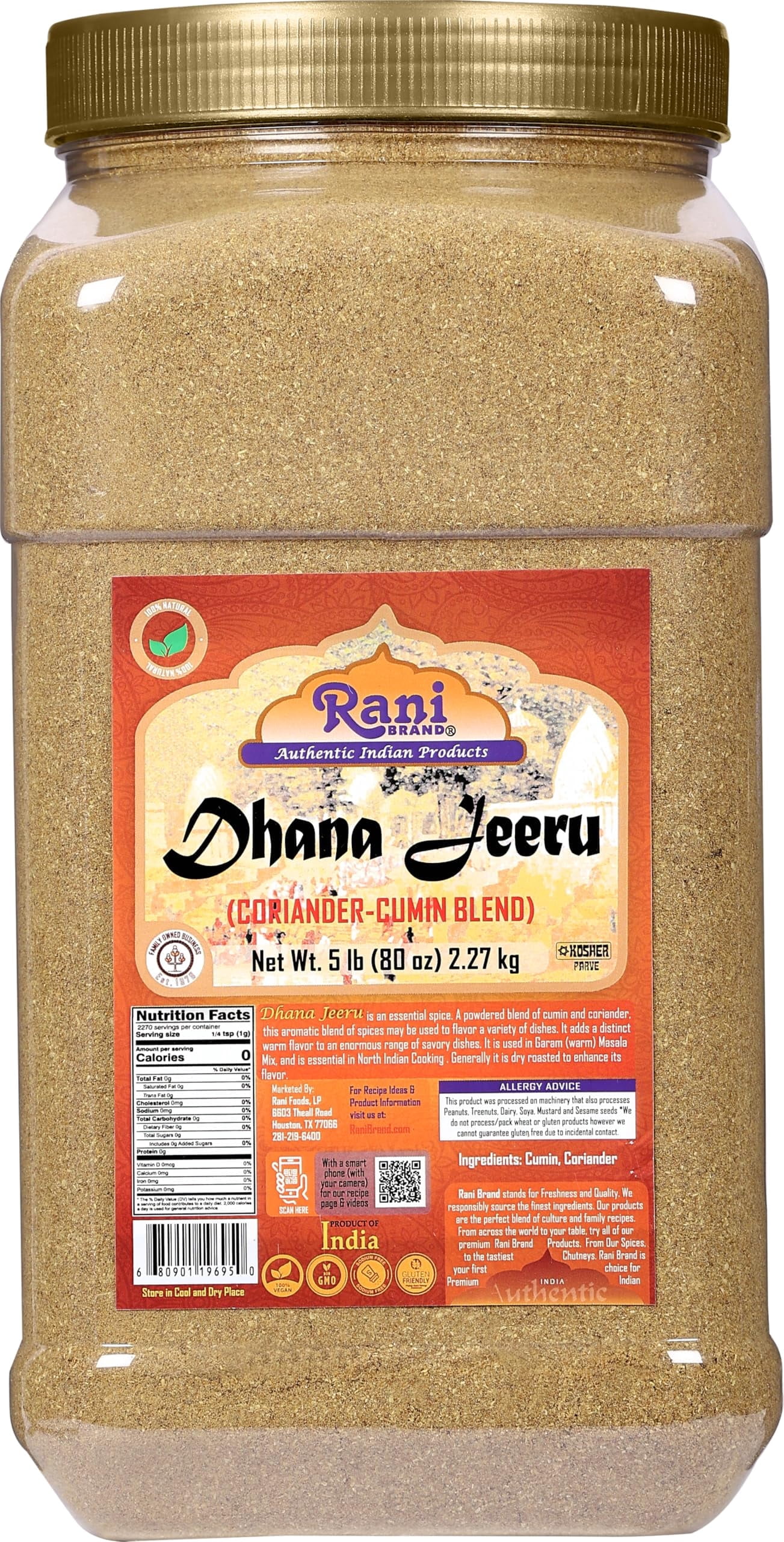Rani Dhana-Jeeru (Coriander-Cumin Blend 50-50) Powder 80oz (5lbs) 2.27kg PET Jar ~ All Natural | Vegan | Gluten Friendly | Non-GMO | Kosher | Indian Origin