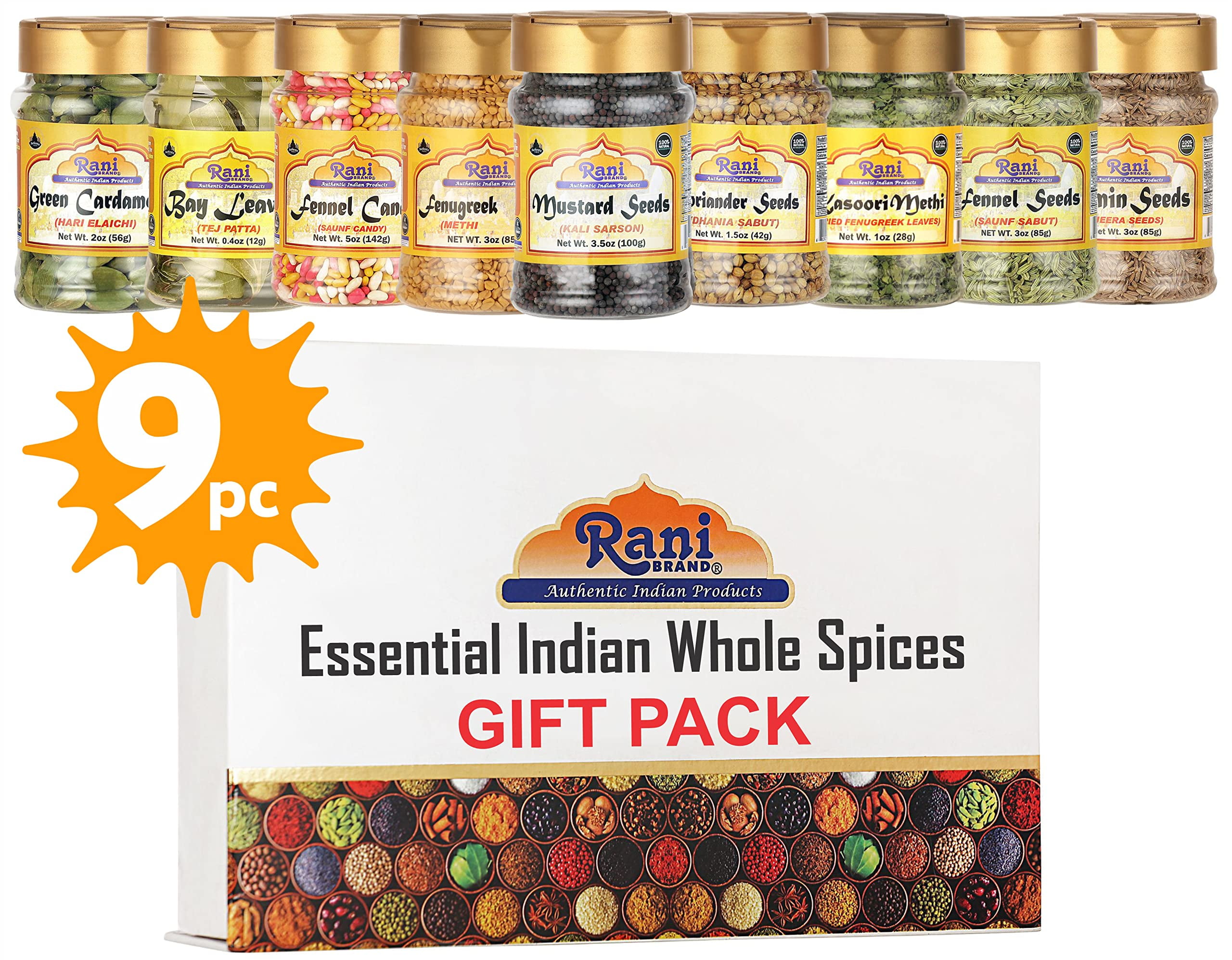 Rani Essential Indian Whole Spices 9 Bottle Gift Box Set, Average