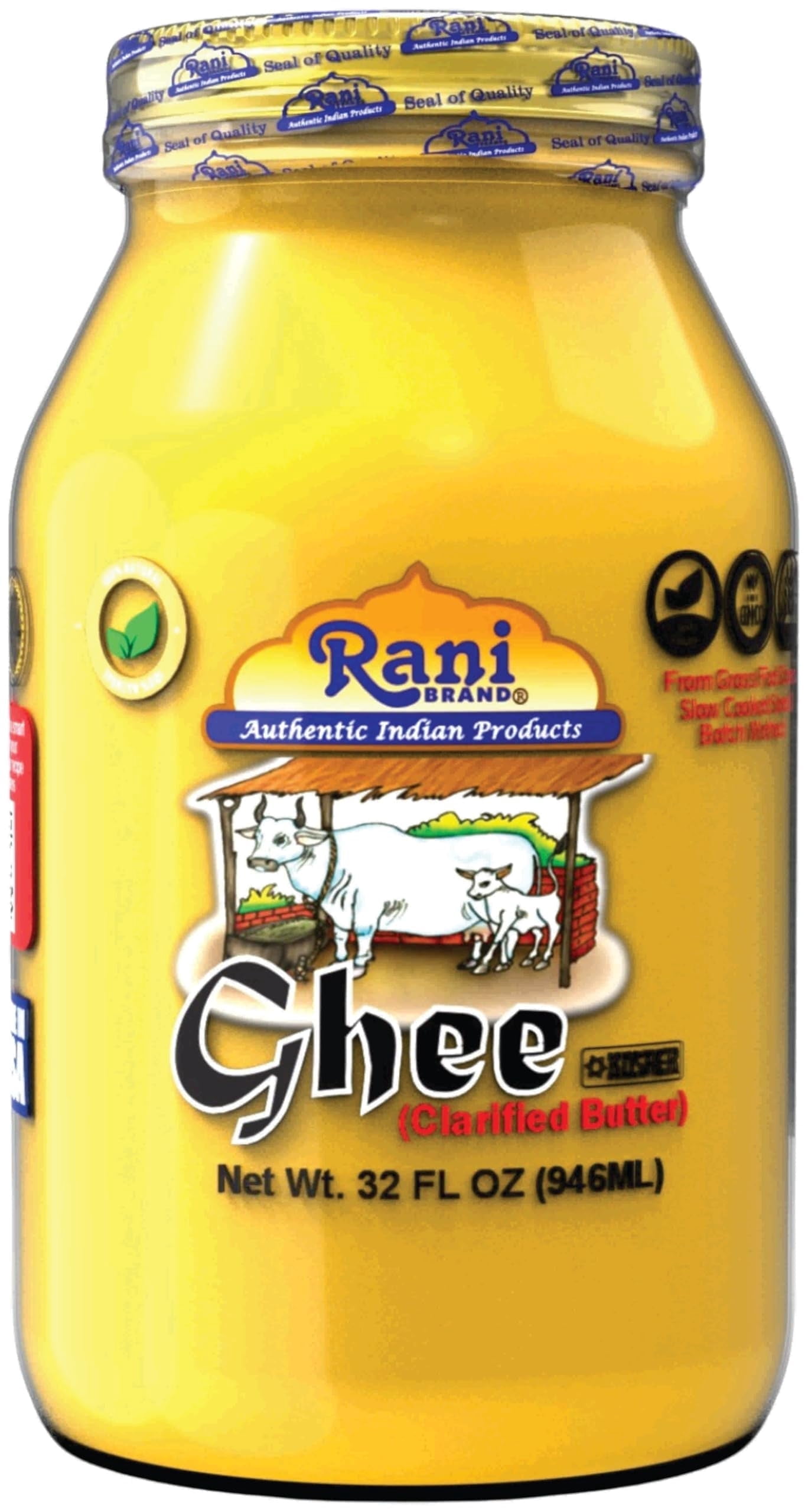 Rani Ghee Pure & Natural from Grass Fed Cows (Clarified Butter) 2lbs (32oz) ~ Glass Jar | Paleo Friendly | Keto Friendly | Gluten Free | Kosher | Product of USA