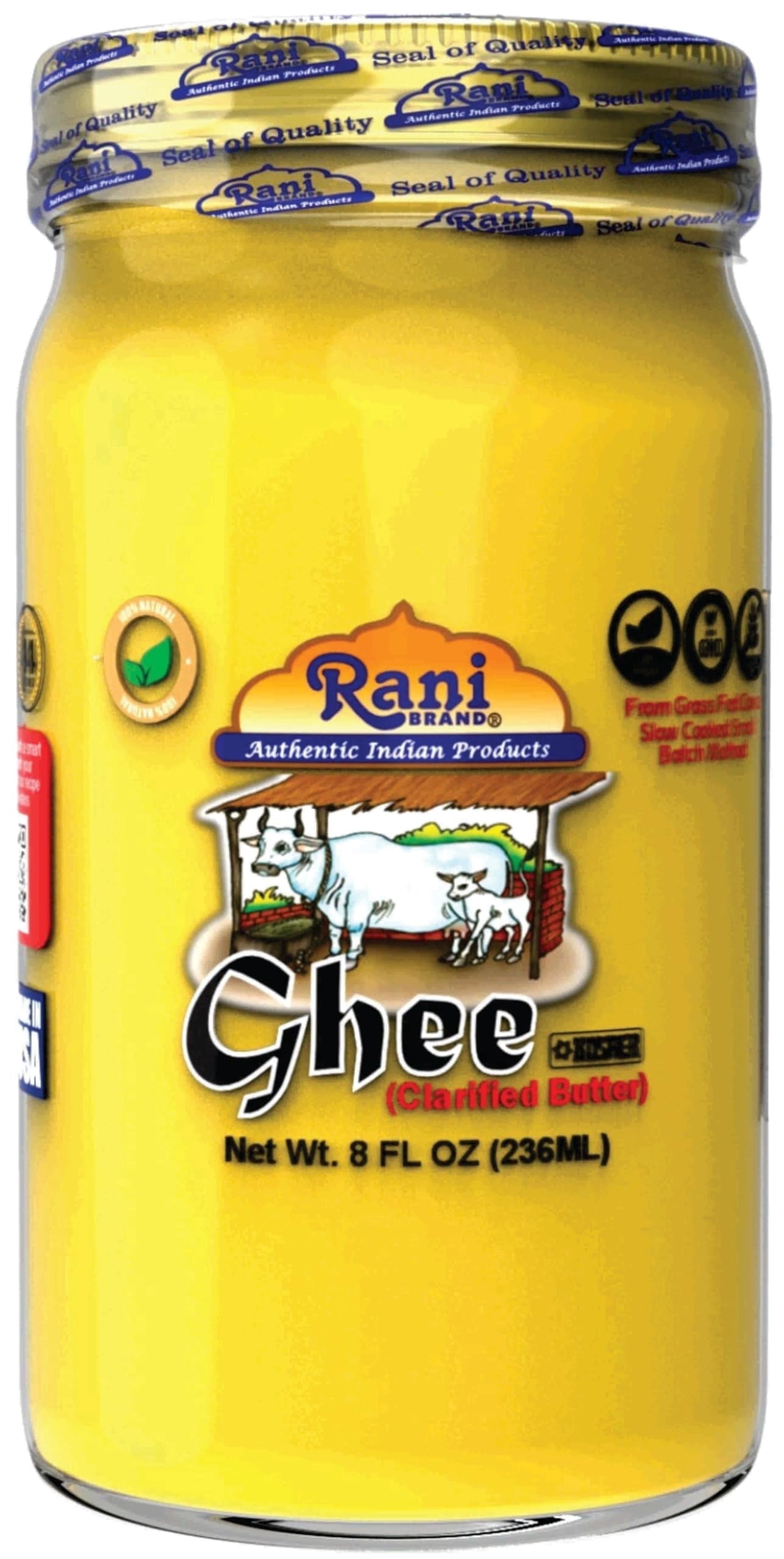 Rani Ghee Pure & Natural from Grass Fed Cows (Clarified Butter) 8oz (227g) ~ Glass Jar | Paleo Friendly | Keto Friendly | Gluten Friendly | Kosher