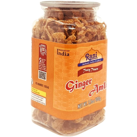 Rani Ginger Amla Candy 3.5oz (100g) Vacuum Sealed, Easy Open Top, Resealable Container ~ Indian Tasty Treats | Vegan | Gluten Friendly | NON-GMO | Indian Origin