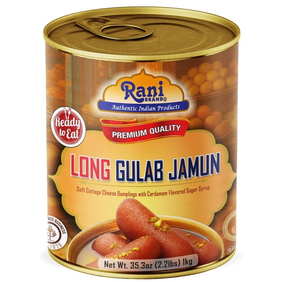 Rani Gulab Jamun Long (w/ Cardamom Flavored Sugar Syrup) 35.3oz (2.2lbs) 1kg, Approximately 14 pieces, Easy Open Lid ~ Ready to eat | Non-GMO | Kosher | Indian Origin