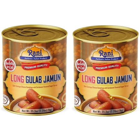 Rani Gulab Jamun Long (w/ Cardamom Flavored Sugar Syrup) 35.3oz (2.2lbs) 1kg, Pack of 2, Approximately 14 pieces, Easy Open Lid ~ Ready to eat | Non-GMO | Kosher | Indian Origin