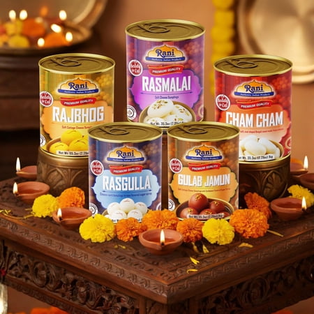 Rani Gulab Jamun Round, Rasgulla, Cham Cham, Rasmalai, RajBhog 35.3oz (2.2lbs) 1kg each, Combo Set of 5, Approximately 14 pieces, Easy Open Lid Can ~ Ready to eat | Non-GMO | Kosher | Indian Origin