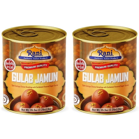 Rani Gulab Jamun Round (w/ Cardamom Flavored Sugar Syrup) 35.3oz (2.2lbs) 1kg, Pack of 2, Approximately 14 pieces, Easy Open Lid ~ Ready to eat | Non-GMO | Kosher | Indian Origin