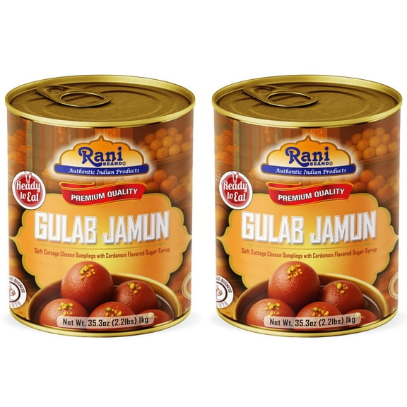Rani Gulab Jamun Round (w/ Cardamom Flavored Sugar Syrup) 35.3oz (2.2lbs) 1kg, Pack of 2, Approximately 14 pieces, Easy Open Lid ~ Ready to eat | Non-GMO | Kosher | Indian Origin