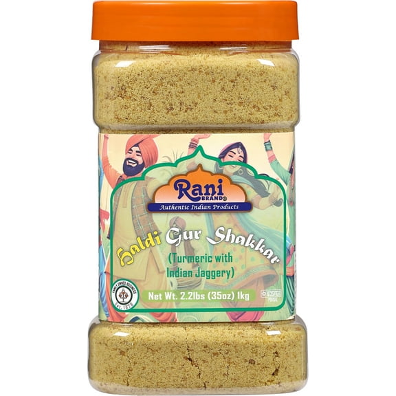 Rani Haldi Gur Shakkar (Turmeric with Indian Jaggery) Indian Unrefined Raw Cane Sugar 35oz (2.2lbs) 1kg PET Jar ~ Gluten Friendly | Vegan | NON-GMO | Kosher | No Salt or fillers | Indian Product