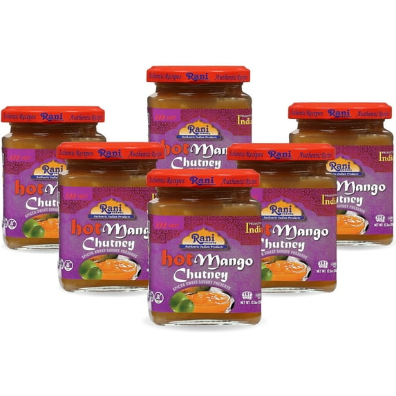 Rani Hot Mango Chutney (Spicy Indian Preserve) 12.5oz (350g) Glass Jar, Ready to eat, Vegan, Pack of 5+1 FREE ~ Gluten Free, All Natural, NON-GMO | Kosher