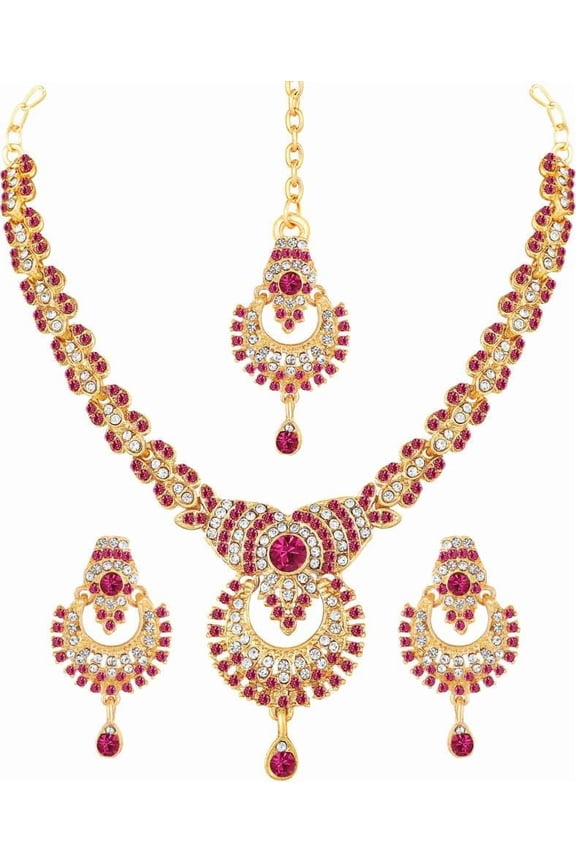 Rani Indian Bollywood Fashion Style Gold Plated Wedding & Bridal Necklace Earrings Tikka Rhinestone Jewelry Set