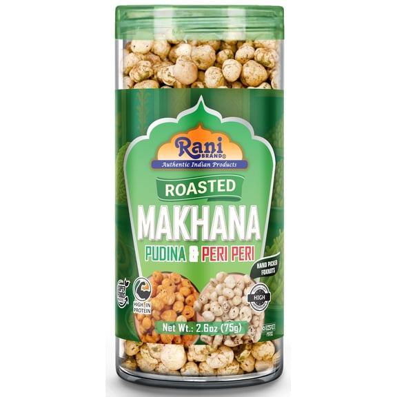 Rani Roasted Makhana (Fox Nut/Popped Lotus Seed) 2in1 Pudina & Peri Peri 2.6oz (75g) Ready to eat, Hand Picked Foxnuts ~ High in Protein | Vegan | Gluten Friendly | NON-GMO | Kosher | Indian Origin