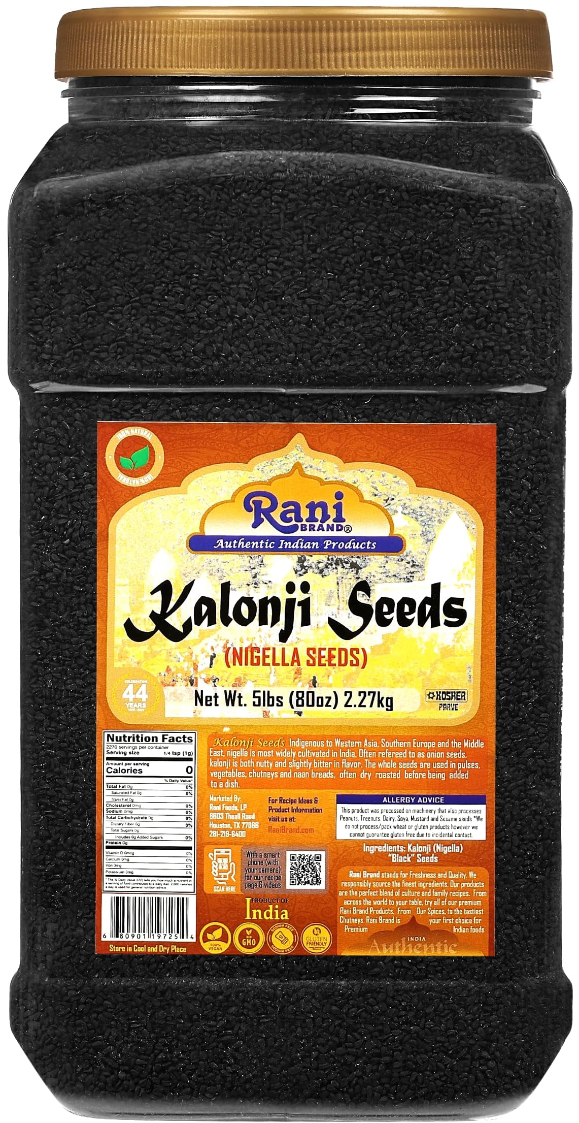 Rani Kalonji Seeds Whole (Black Seed, Nigella Sativa, Black Cumin) Spice 80oz (5lbs) 2.27kg Bulk PET Jar ~ All Natural | Gluten Friendly | NON-GMO | Vegan | Kosher | Indian Origin