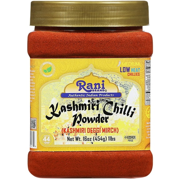 Rani Kashmiri Chilli Powder (Deggi Mirch, Low Heat) Ground Indian Spice 16oz (1lb) 454g PET Jar ~ All Natural | Salt-Free | Vegan | Kosher | Gluten Friendly | Perfect for Deviled Eggs & Other Low Heat