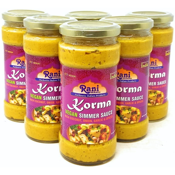 Rani Korma Vegan Simmer Sauce (Rich Coconut, Onion, Garlic & Spices) 14oz (400g) Glass Jar, Pack of 5 +1 FREE ~ Easy to Use | Vegan | No Colors | All Natural | NON-GMO | Gluten Free | Indian Origin