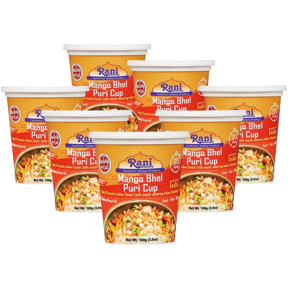 Rani Mango Bhel Puri Cup (Spicy & Crunchy Indian Snack w/ mouth watering Indian Chutneys) 3.5oz (100g), Pack of 6+1 FREE ~ Ready to Eat | Vegan | NON-GMO | Indian Origin