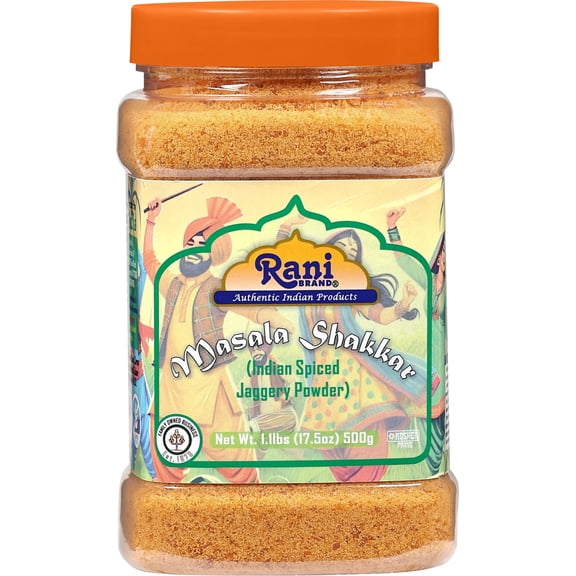 Rani Masala Shakkar (Indian Spiced Jaggery Powder) Unrefined Raw Cane Sugar 17.5oz (1.1lbs) 500g PET Jar ~ Gluten Friendly | Vegan | NON-GMO | Kosher | No Salt or fillers | Indian Product