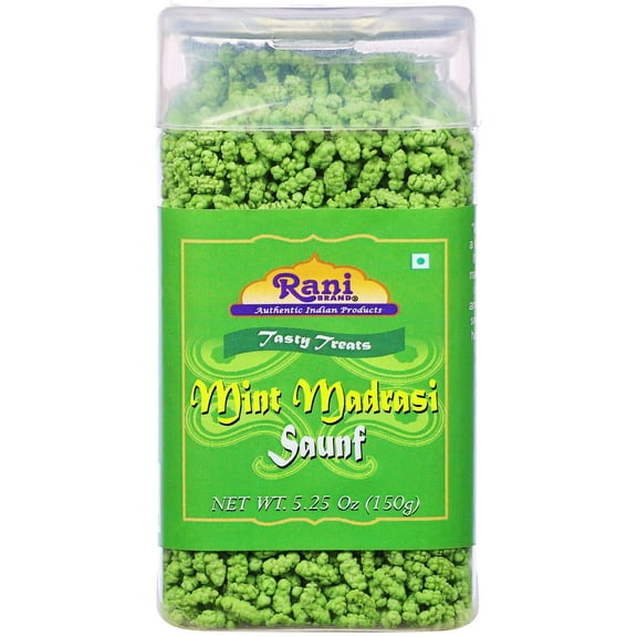 Rani Mint Madrasi Saunf 5.25oz (150g) Vacuum Sealed, Easy Open Top, Resealable Container ~ Indian Tasty Treats | Vegan | Gluten Friendly | NON-GMO | Indian Origin