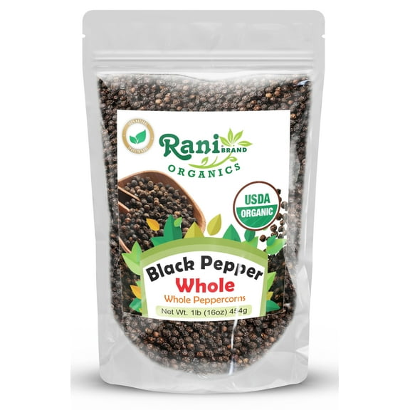 Rani Organic Black Pepper Whole (Peppercorns) Indian MG-1 Grade 16oz (1lb) 454g ~ All Natural | Gluten Friendly | Non-GMO | USDA Certified Organic | Perfect Size for Grinders!