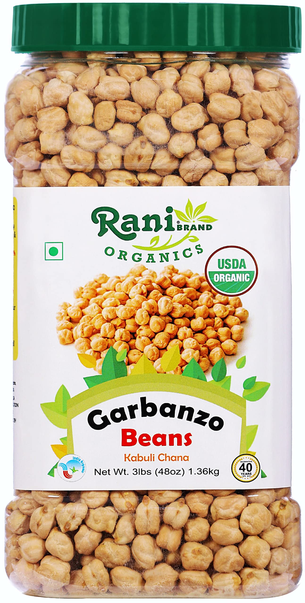 Rani Organic Garbanzo Beans (Kabuli Chana) 48oz (3lbs) 1.36kg Bulk PET