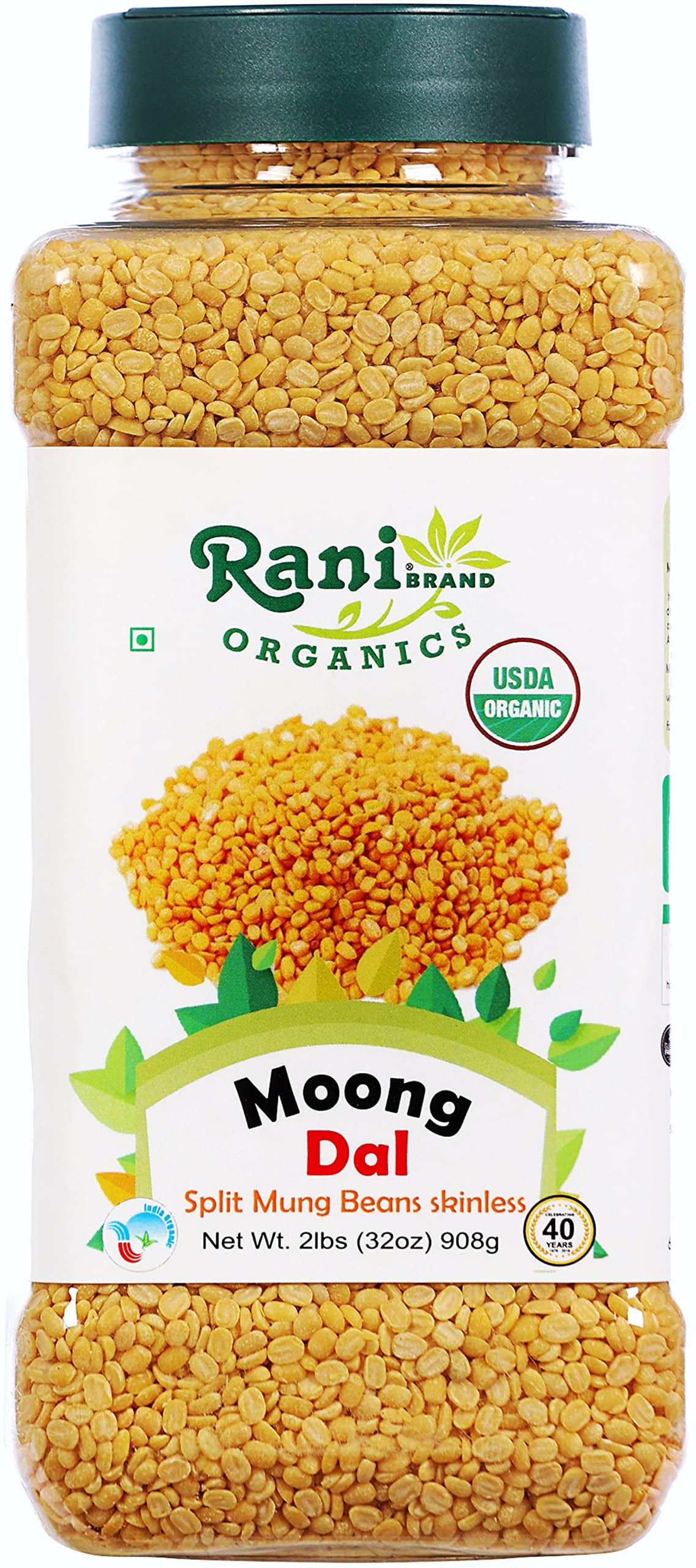 Rani Organic Moong Dal (Split Moong Beans Skinless) Indian Lentils 32oz (2lbs) 908g PET Jar ~ All Natural | Vegan | Gluten Friendly | NON-GMO | Indian Origin | USDA Certified Organic