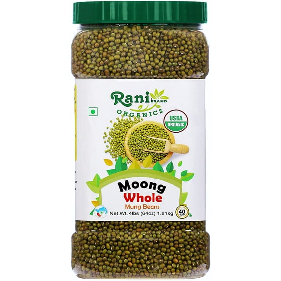 Rani Organic Moong Whole (Whole Mung Beans with Skin) Indian Lentils 64oz (4lbs) 1.81kg Bulk PET Jar ~ All Natural | Vegan | Gluten Friendly | NON-GMO | Indian Origin | USDA Certified Organic