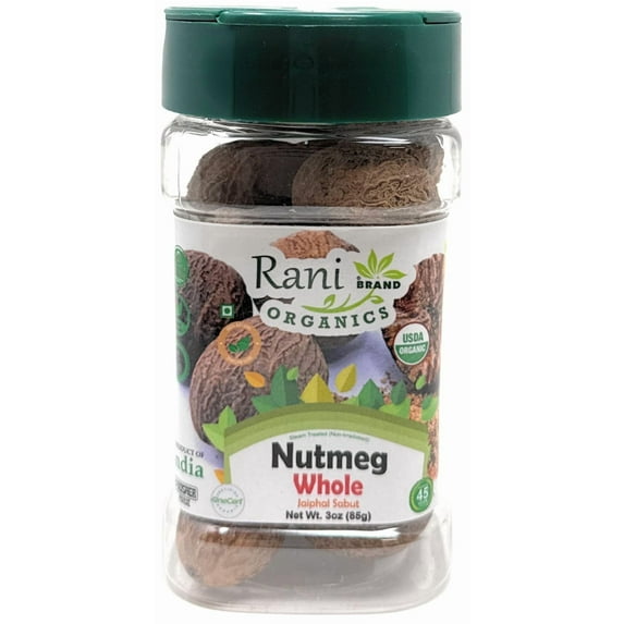 Rani Organic Nutmeg (Jaiphul) Whole Spice, 17-19 Pieces, 3oz (85g) PET Jar ~ All Natural | Vegan | Gluten Friendly | NON-GMO | Kosher | Indian Origin | USDA Certified Organic