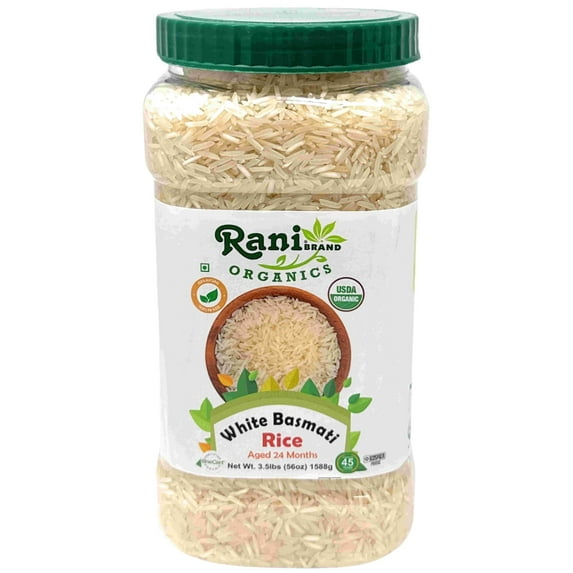 Rani Organic Platinum White Basmati Rice Extra Long Aged 56oz (3.5lbs) 1.59kg PET Jar ~ All Natural | Gluten Friendly | Vegan | Indian Origin | Kosher | Export Quality | USDA Certified Organic