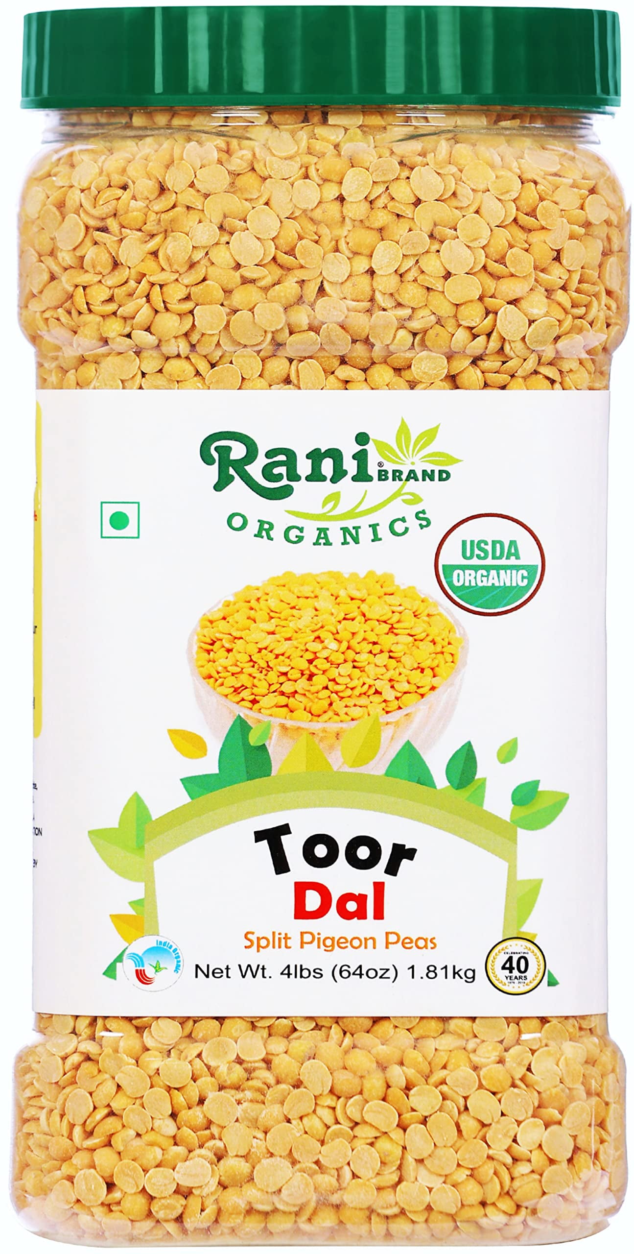 Rani Organic Toor Dal (Split Pigeon Peas) 64oz (4lbs) 1.81kg Bulk PET Jar All Natural Vegan