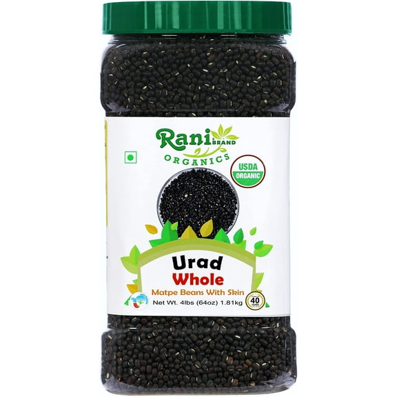 Rani Organic Urid/Urad Whole Black (Matpe Beans With Skin) Indian Lentils 64oz (4lbs) 1.81kg Bulk PET Jar ~ All Natural | Vegan | Gluten Friendly | NON-GMO | Indian Origin | USDA Certified Organic