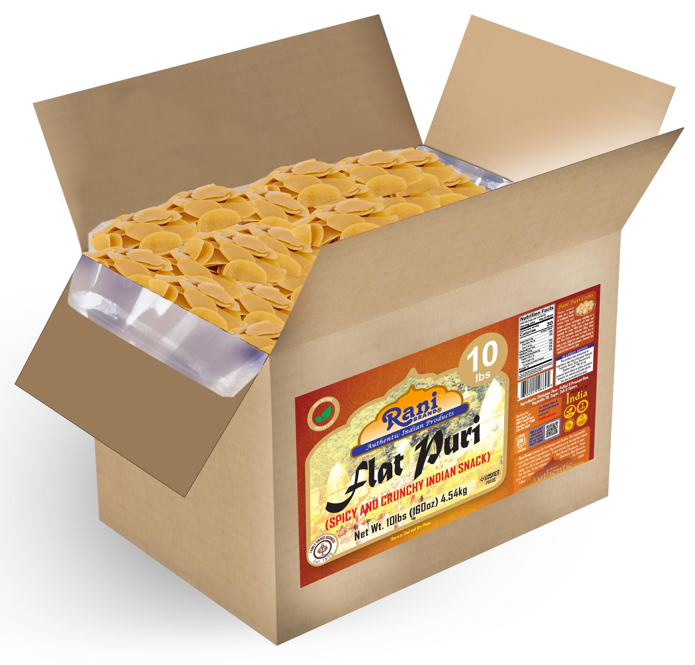Rani Pani Puri Coins 160oz (10lbs) 4.54kg 1650-1660 Coins Bulk Box ~ Uncooked, Microwaveable Wheat And Semolina Coins ~ All Natural | Vegan | NON-GMO | Kosher | Indian Origin