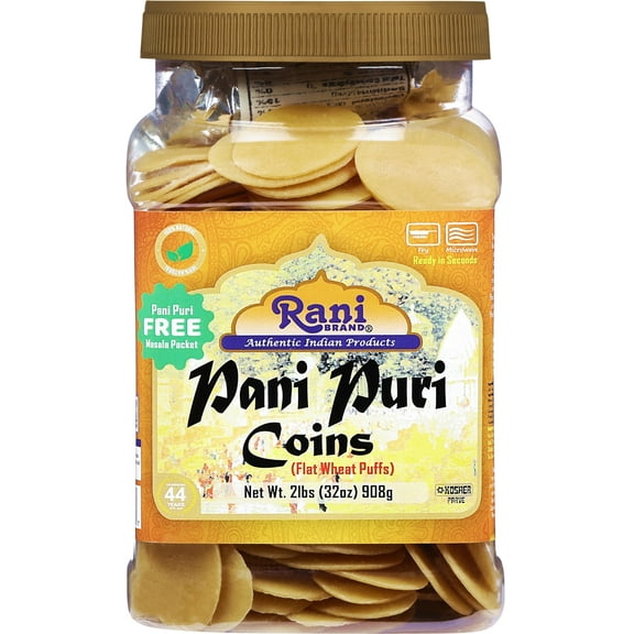 Rani Pani Puri Coins (Uncooked, Microwaveable Wheat Semolina Coins) 32oz (2lbs) 908g w/Pani Puri Masala (14-Spice Blend for Indian Spicy Water) 1.75oz (50g) ~ All Natural | Vegan | NON-GMO | Kosher