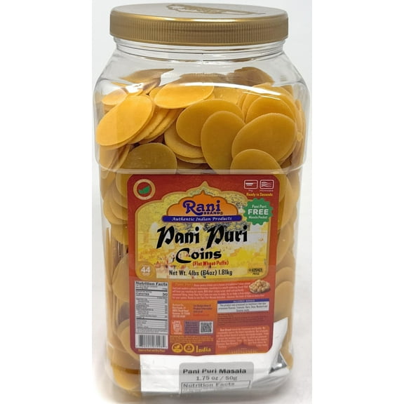 Rani Pani Puri Coins (Uncooked, Microwaveable Wheat Semolina Coins) 64oz (4lbs) w/Pani Puri Masala (14-Spice Blend for Indian Spicy Water) 1.75oz (50g) ~ All Natural | Vegan | NON-GMO | Kosher