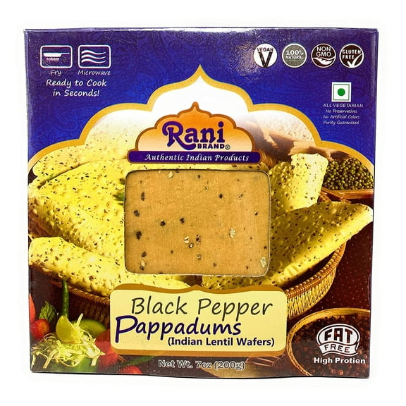 Rani Pappadums (Indian Lentil Wafer Snack) Black Pepper Papad 7oz (200g) Approximately 15pc, 7 inches ~ All Natural | Gluten Friendly | NON-GMO | Vegan | Indian Origin