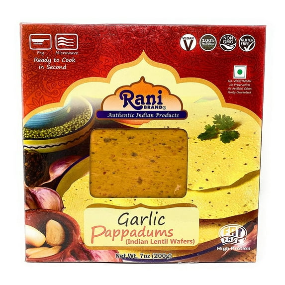 Rani Pappadums (Indian Lentil Wafer Snack) Garlic Papad 7oz (200g) Approximately 15pc, 7 inches ~ All Natural | Gluten Friendly | NON-GMO | Vegan | Indian Origin