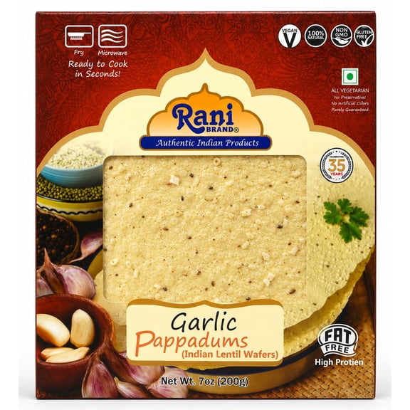 Rani Pappadums (Indian Lentil Wafer Snack) Garlic Papad 7oz (200g) Approximately 15pc, 7 inches ~ All Natural | Gluten Friendly | NON-GMO | Vegan | Indian Origin