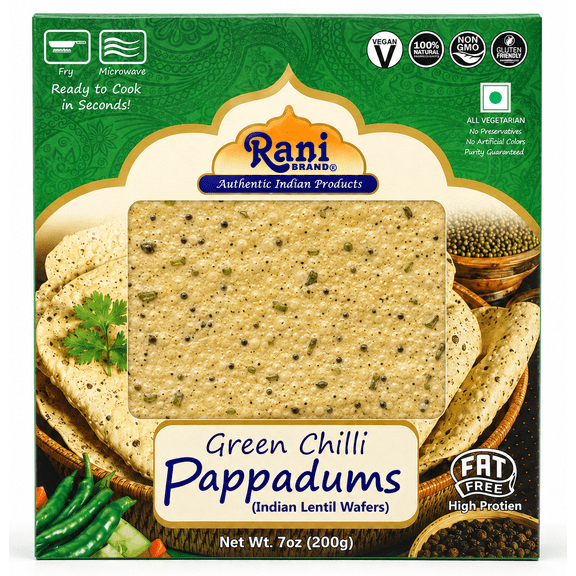 Rani Pappadums (Indian Lentil Wafer Snack) Green Chilli Papad 7oz (200g) Approximately 15pc, 7 inches ~ All Natural | Gluten Friendly | NON-GMO | Vegan | Indian Origin
