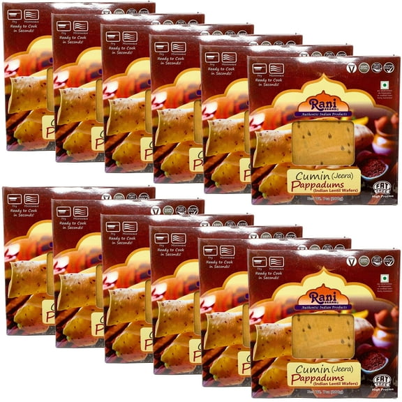 Rani Pappadums (Indian Lentil Wafer Snack) Jeera (Cumin) Papad 7oz (200g) Approximately 15pc, 7 inches, Pack of 12 ~ All Natural | Gluten Friendly | NON-GMO | Vegan | Indian Origin