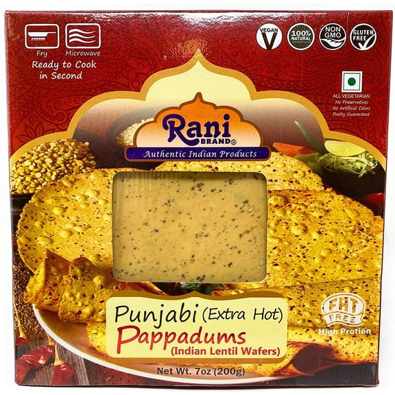 Rani Pappadums (Indian Lentil Wafer Snack) Punjabi Papad - Extra Hot, 7oz (200g) Approximately 15pc, 7 inches ~ All Natural | Gluten Friendly | NON-GMO | Vegan | Indian Origin