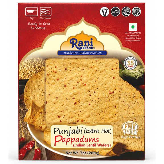 Rani Pappadums (Indian Lentil Wafer Snack) Punjabi Papad - Extra Hot, 7oz (200g) Approximately 15pc, 7 inches ~ All Natural | Gluten Friendly | NON-GMO | Vegan | Indian Origin