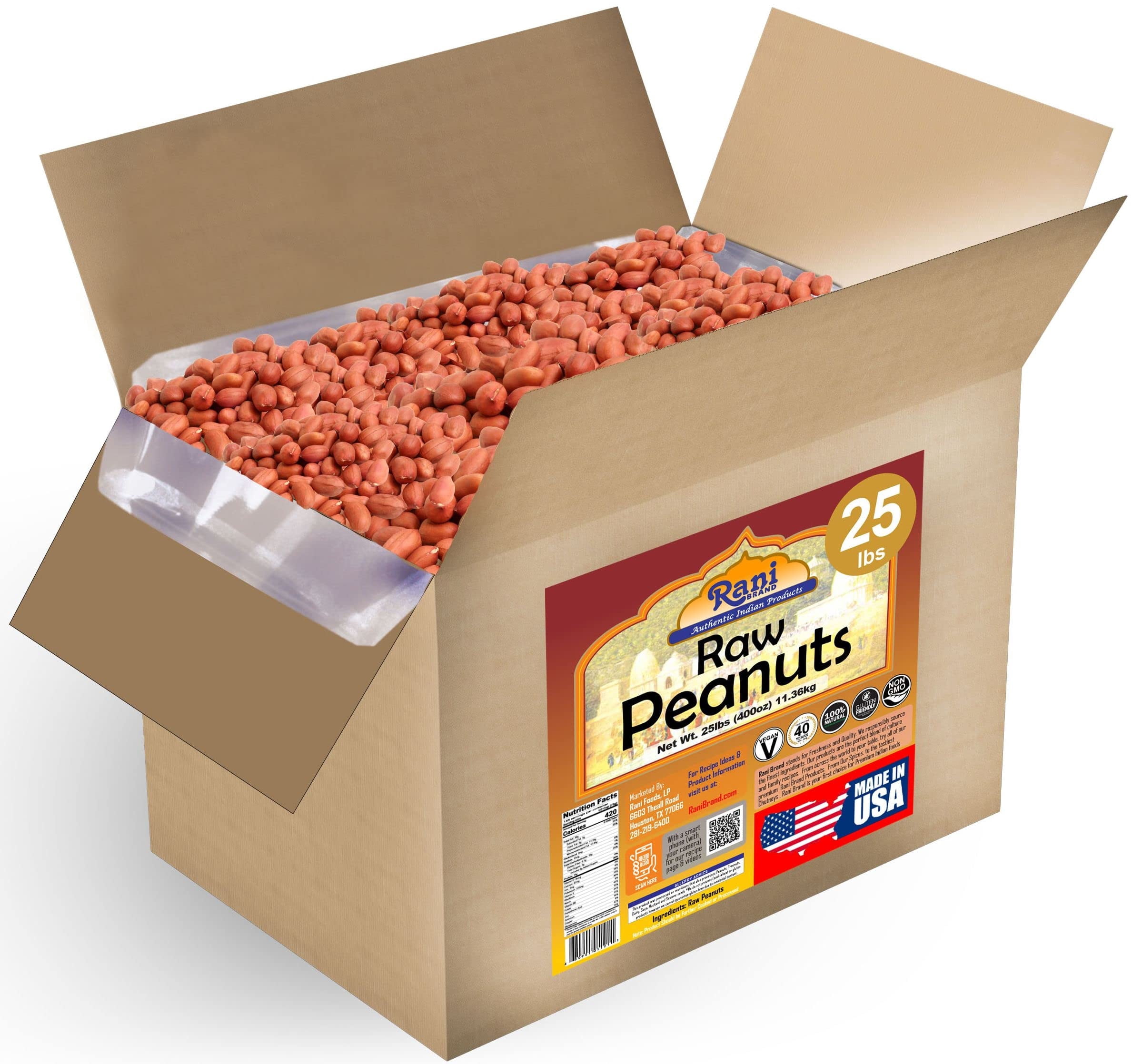 Rani Peanuts, Raw Whole With Skin (uncooked, unsalted) 25lbs (400oz) 11.36kg ~ All Natural | Vegan | Gluten Friendly  ~ Spanish Grade Groundnut / Red-skin