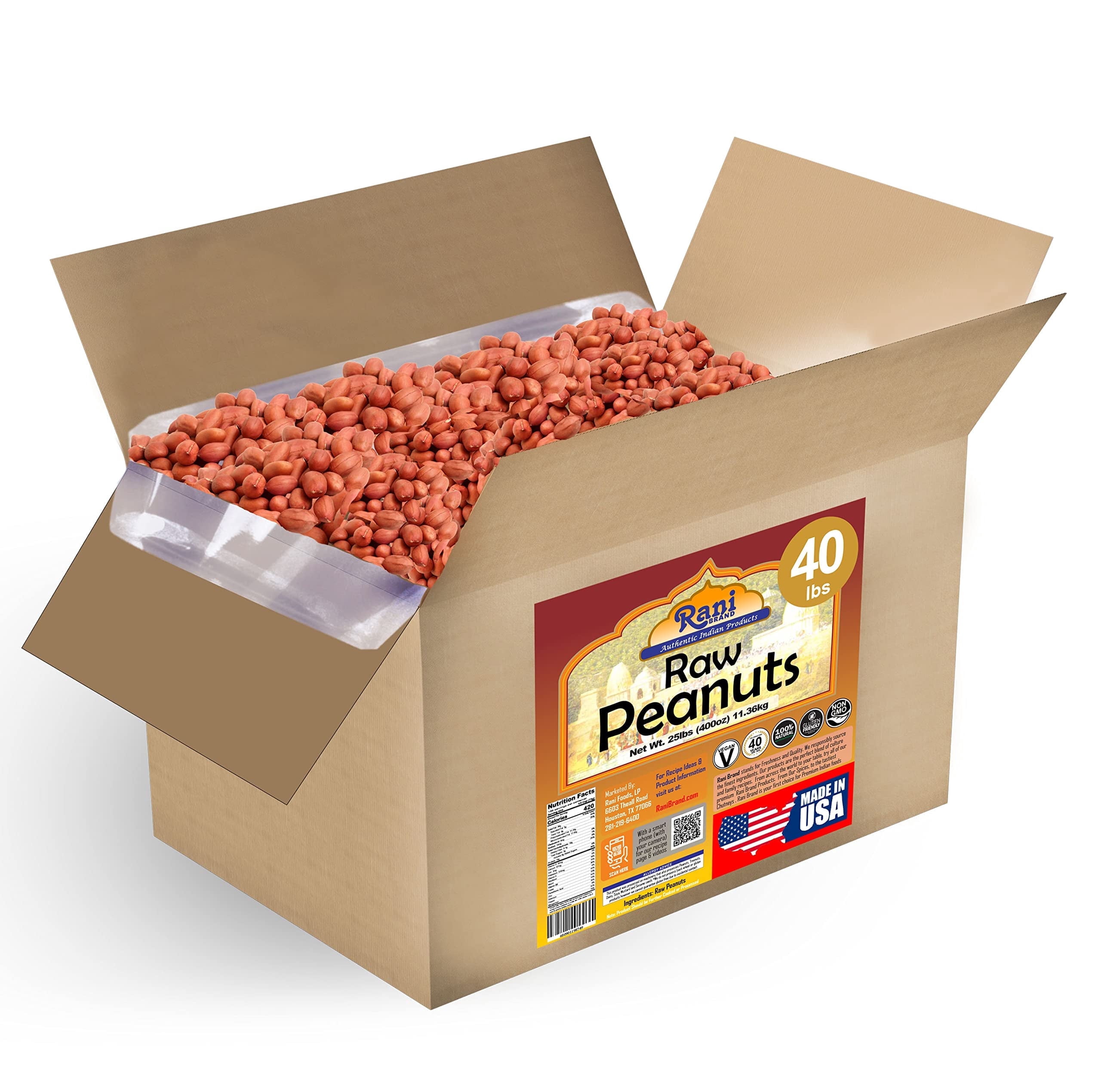 Rani Peanuts, Raw Whole With Skin (uncooked, unsalted) 40lbs (640oz) 18.14kg Bulk Box ~ All Natural | Vegan | Gluten Friendly  ~ Spanish Grade Groundnut / Red-skin