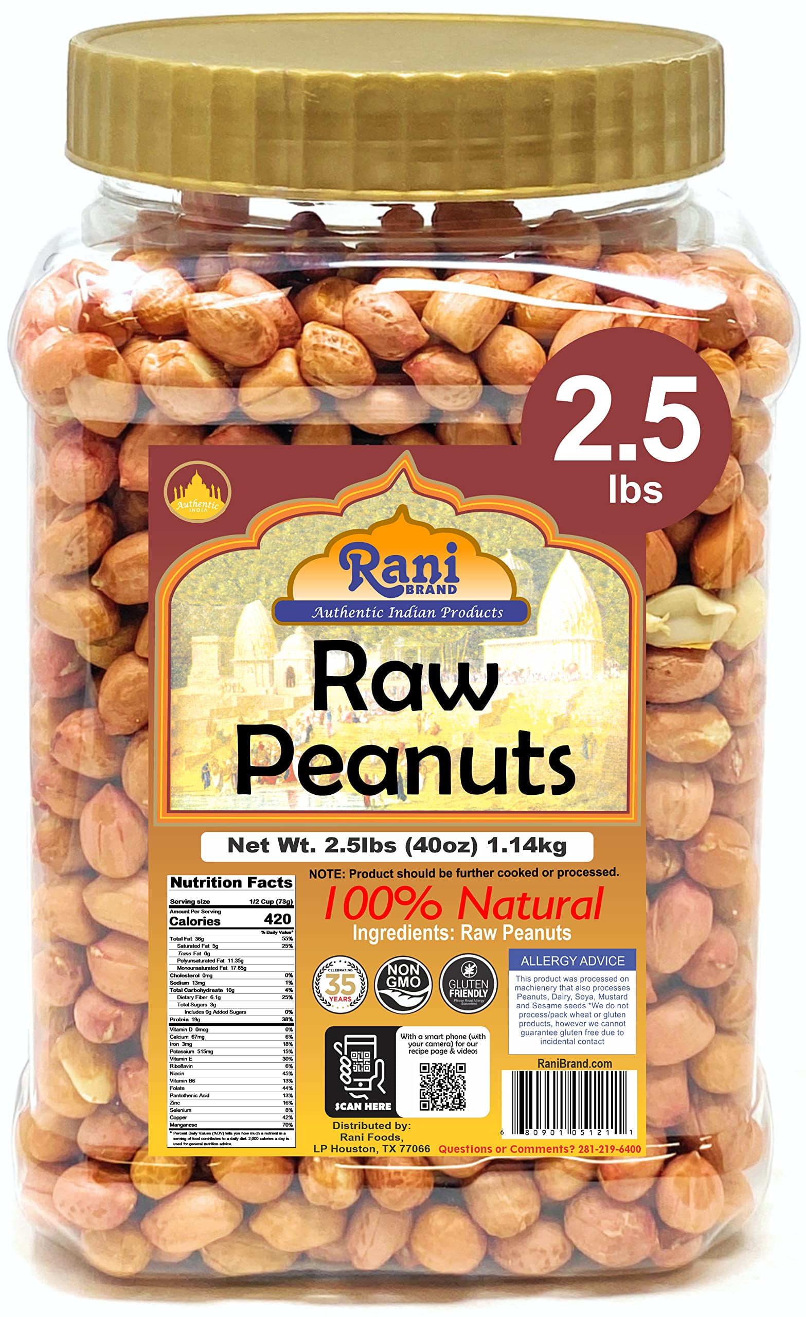 Rani Peanuts, Raw Whole With Skin (uncooked, unsalted) 40oz (2.5lbs) 1.14kg Bulk PET Jar ~ All Natural | Vegan | Gluten Friendly | Fresh Product of USA ~ Spanish Grade Groundnut / Red-skin