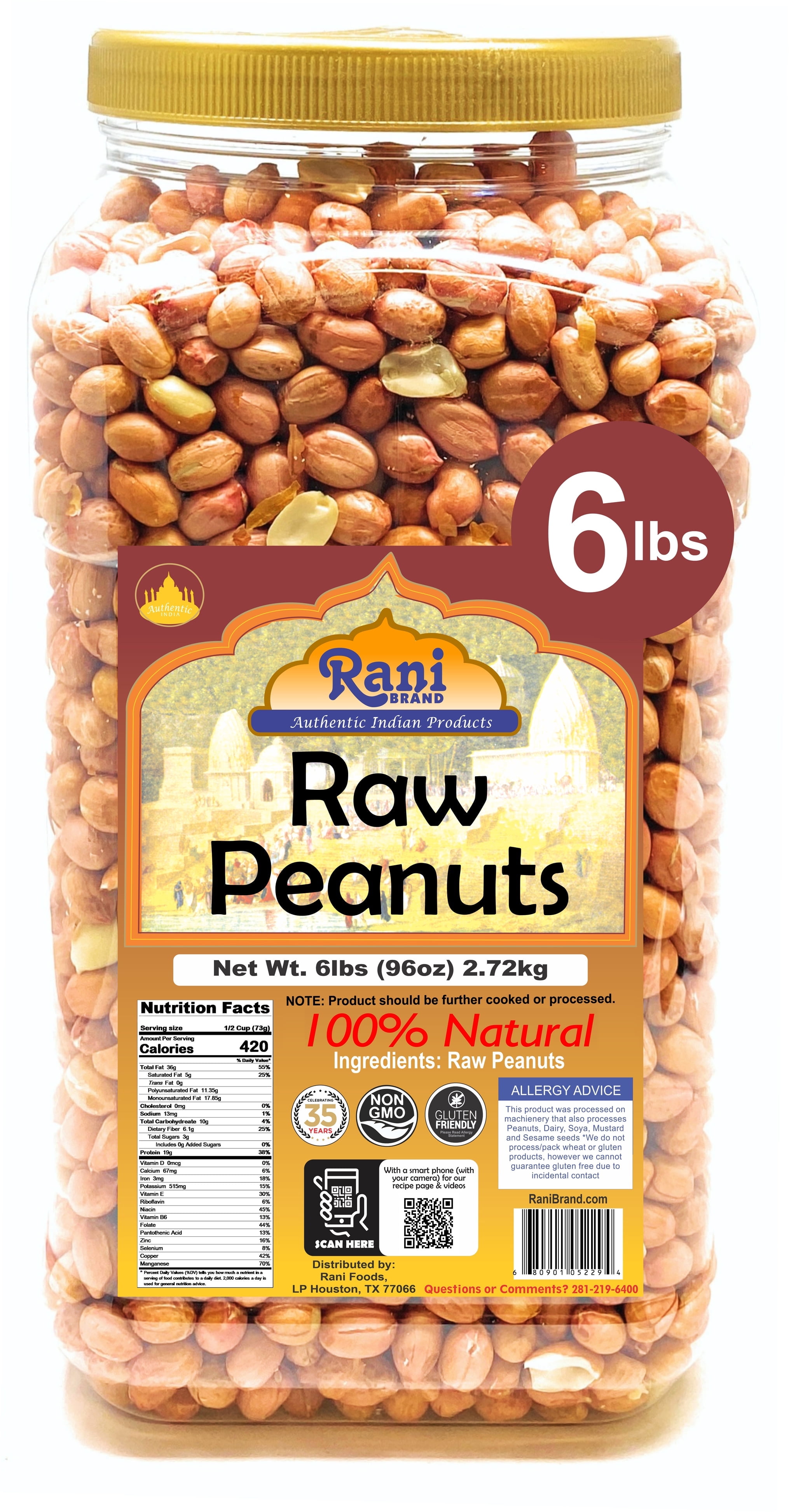 Rani Peanuts, Raw Whole With Skin (uncooked, unsalted) 6lbs (96oz) 2.72kg Bulk PET Jar ~ All Natural | Vegan | Gluten Friendly  ~ Spanish Grade Groundnut / Red-skin
