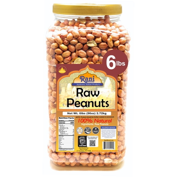 Rani Peanuts, Raw Whole With Skin (uncooked, unsalted) 6lbs (96oz) 2.72kg Bulk PET Jar ~ All Natural | Vegan | Gluten Friendly ~ Spanish Grade Groundnut / Red-skin