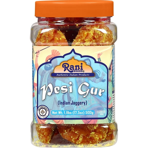Rani Pesi Gur (Jaggery) Indian Unrefined Raw Cane Sugar 17.5oz (1.1lbs) 500g PET Jar ~ Gluten Friendly | Vegan | NON-GMO | Kosher | No Salt or fillers | Indian Product