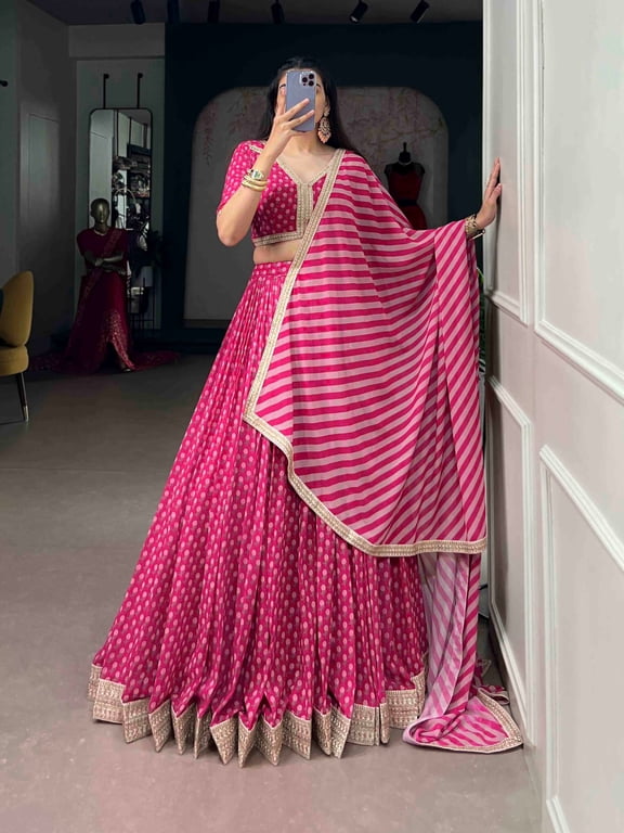 Rani Pink Georgette Lehenga Choli for Women, Floral Print Stitched Lehenga with Sequins Thread Embroidery, Unstitched Blouse & Striped Lace Dupatta, Party Wear