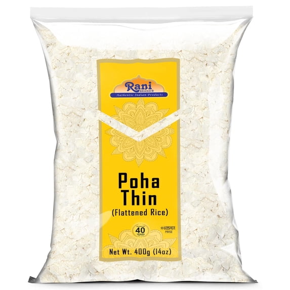 Rani Poha (Powa) Thin Cut (Flattened Rice) 14oz (400g) ~ All Natural, Salt-Free | Vegan | Kosher | No Colors | Gluten Friendly | Indian Origin