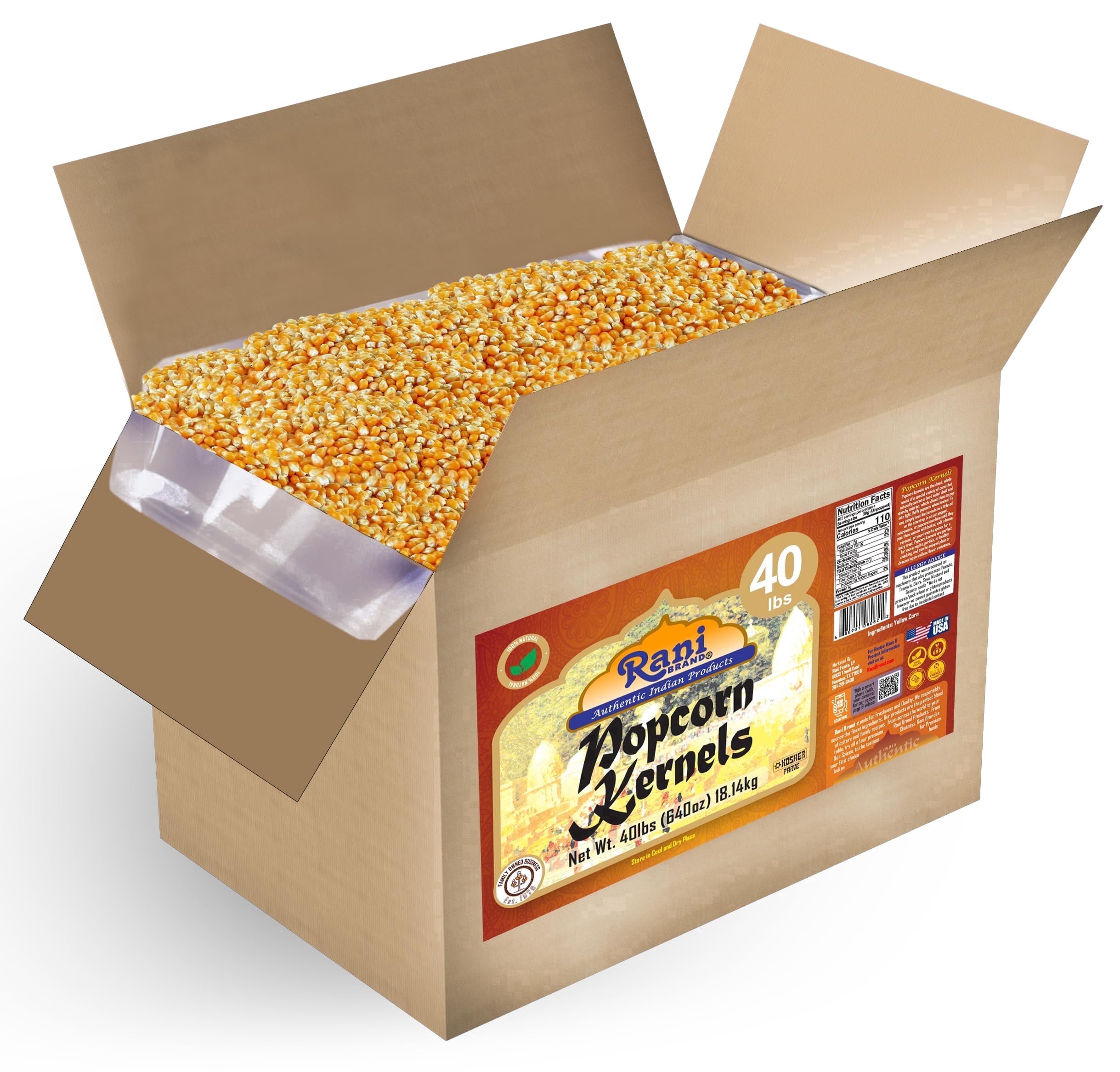 Rani Popcorn Kernels 40lbs (640oz) 18.14kg Bulk Box, Perfect for Stovetop, Microwave & Popcorn Machines ~ All Natural | Gluten Friendly | Vegan | NON-GMO | Kosher