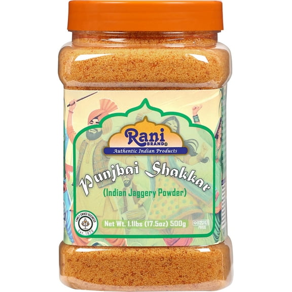 Rani Punjabi Shakkar (Gur Jaggery Powder) Indian Unrefined Raw Cane Sugar 17.5oz (1.1lbs) 500g PET Jar ~ Gluten Friendly | Vegan | NON-GMO | Kosher | No Salt or fillers | Indian Product
